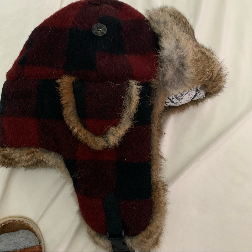 Traper hat ,size L, rabbit fur , Mad Bomber, red and black square pattern